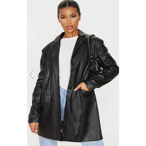 PrettyLittleThing Jackets & Blazers - Pretty Little Thing BLACK FAUX LEATHER CROC OVERSIZED DAD BLAZER